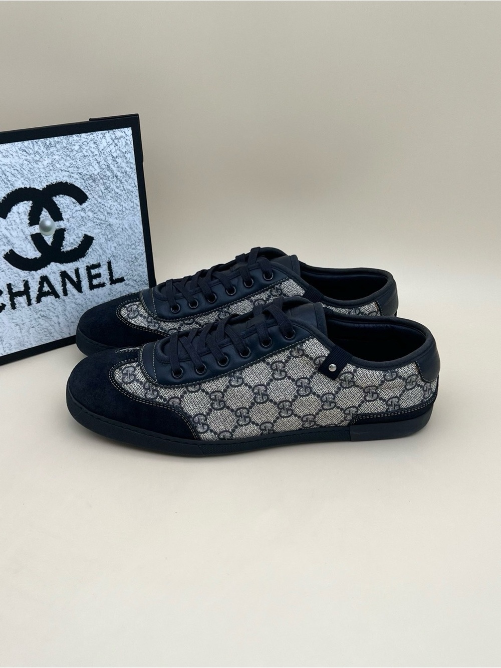 Gucci Men’s GG Canvas & Navy Leather Low-Top Sneakers